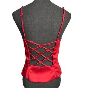 Vintage Y2K Red Satin Cami Top Womens 9/10 Lace Lattice Strappy Side Zip